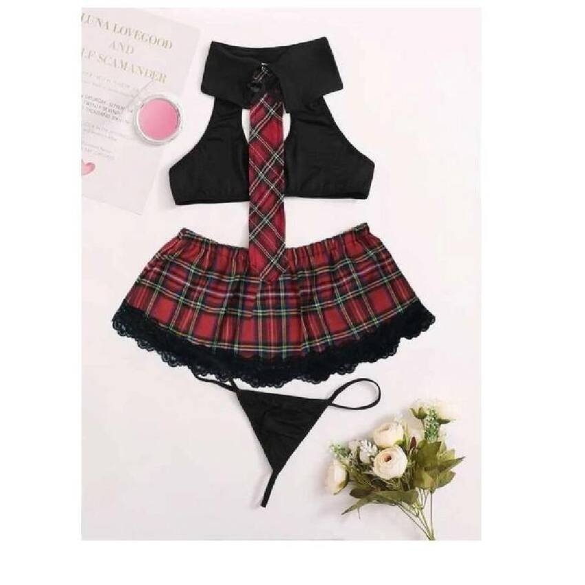 Lenceria Sexy Babydolls traje de tartán con tanga 2023 - Imagen 3