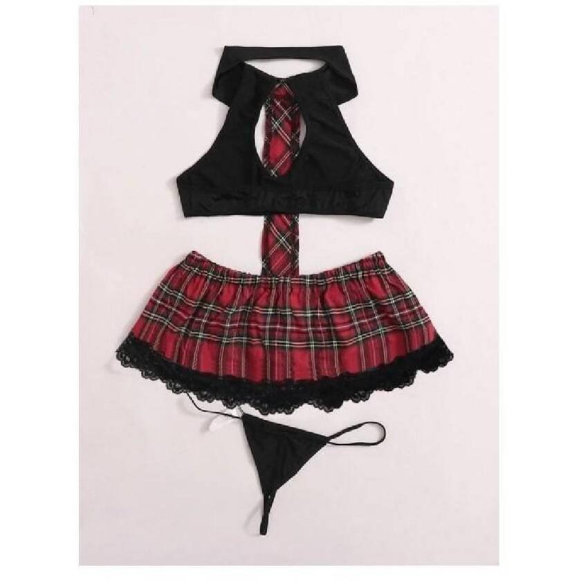 Lenceria Sexy Babydolls traje de tartán con tanga 2023 - Imagen 4
