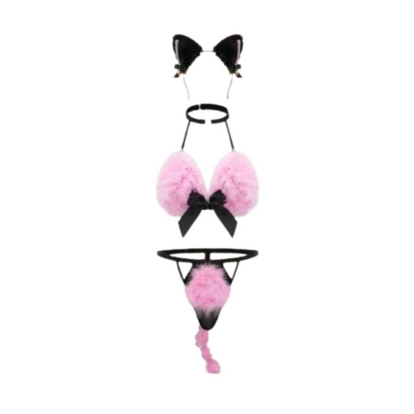 Lenceria Sexy Gatica Rosada Con Peluzas, Orejitas Y Collar