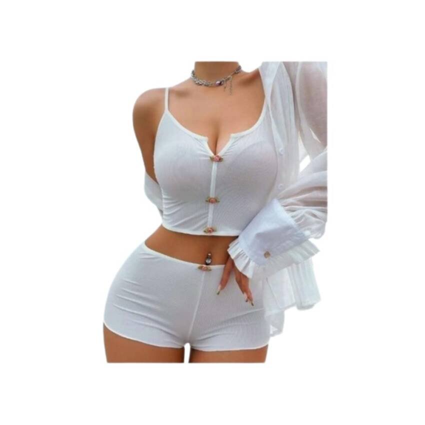 Lenceria Pijama Tela Seda Con Detalle Rosa Cuello Notch Sexy - Imagen 3