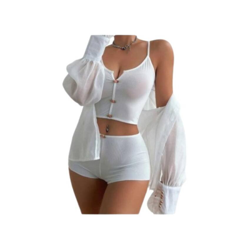 Lenceria Pijama Tela Seda Con Detalle Rosa Cuello Notch Sexy - Imagen 4