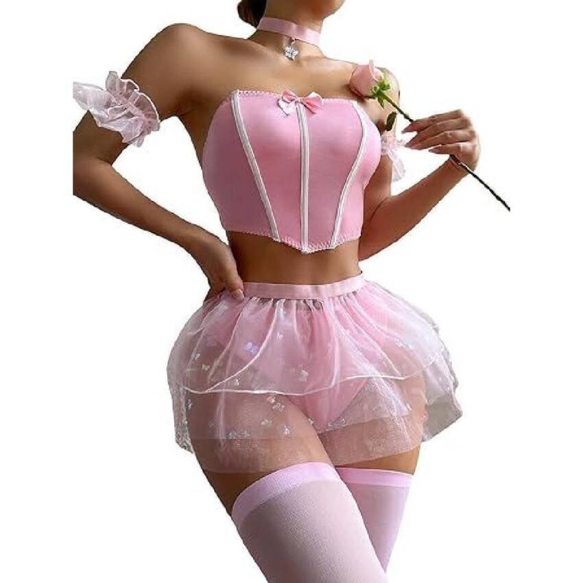 Set de lencería bandeau Rosa Sexy 8pzs incluye medias