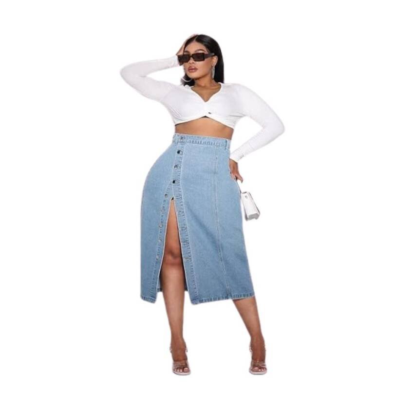 Falda Larga Jeans Mezclilla Botones Delantero Tiro Alto - Imagen 3