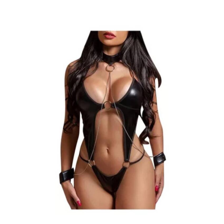 Lencería Erótica Mujer Sexy Eco Cuero Incluye Esposas - Imagen 3