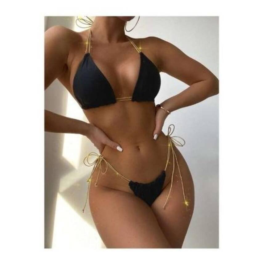 Traje Baño Corte Alto Tiras Doradas Triangulo Sexy