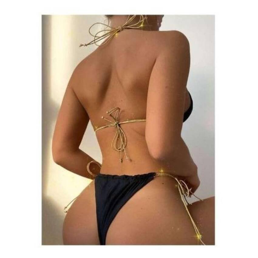 Traje Baño Corte Alto Tiras Doradas Triangulo Sexy - Imagen 2