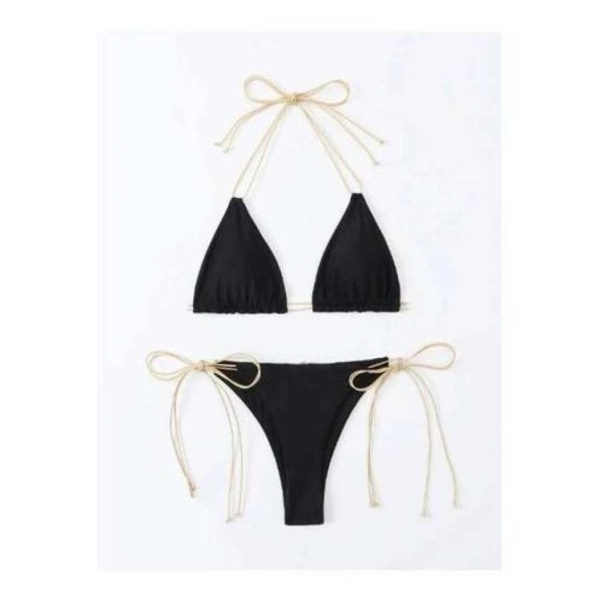 Traje Baño Corte Alto Tiras Doradas Triangulo Sexy - Imagen 3