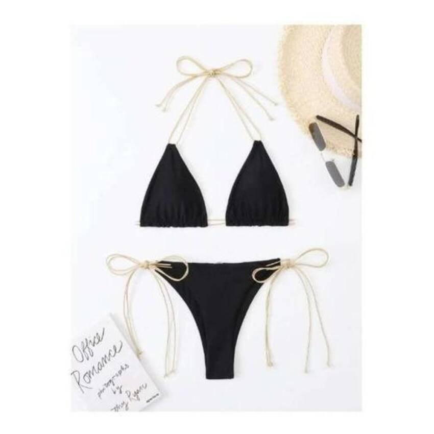 Traje Baño Corte Alto Tiras Doradas Triangulo Sexy - Imagen 5