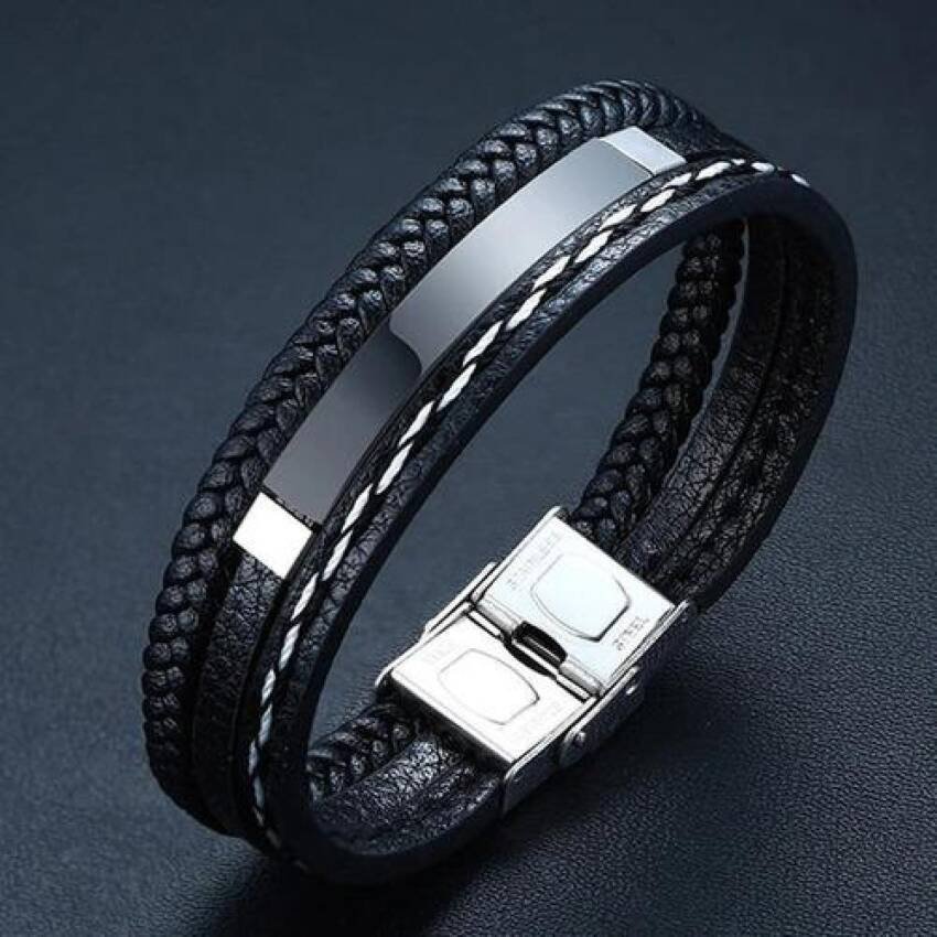 Pulsera Brazalete Cuero Genuino Hombres, Acero Inox