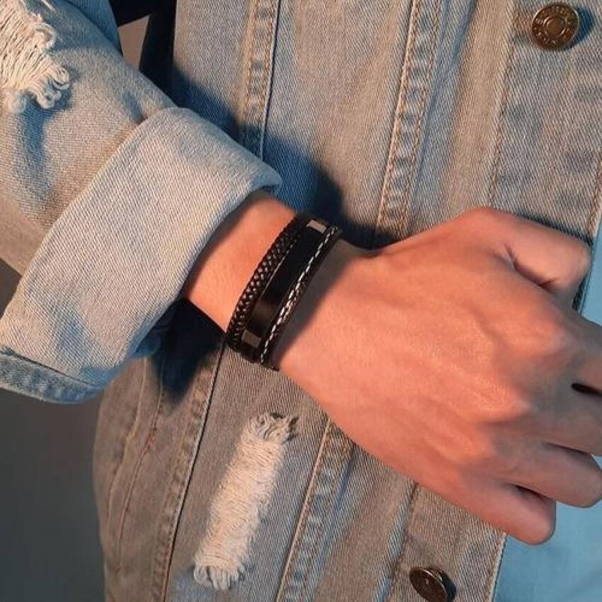 Pulsera Brazalete Cuero Genuino Hombres, Acero Inox - Imagen 2
