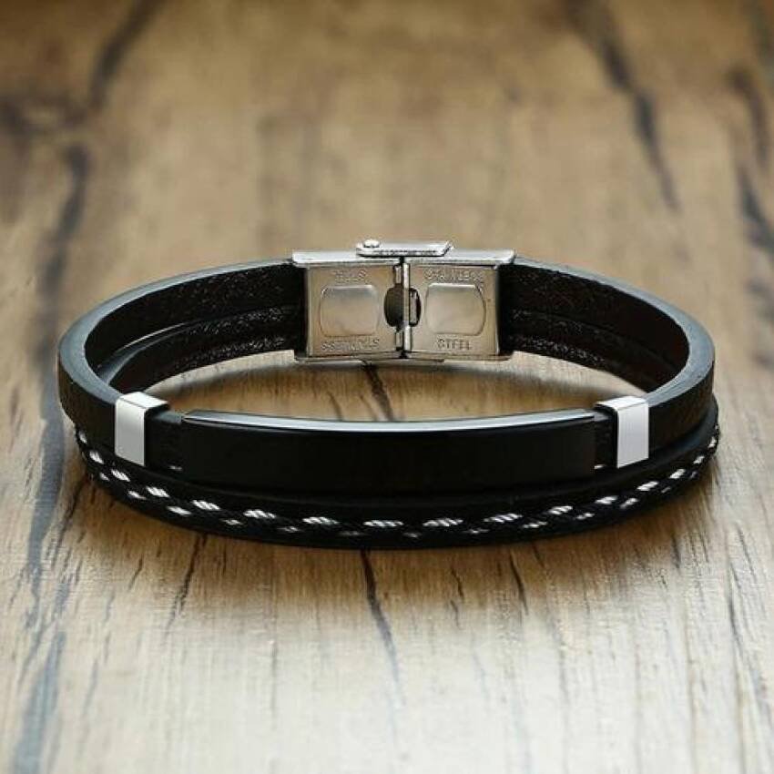 Pulsera Brazalete Cuero Genuino Hombres, Acero Inox - Imagen 3