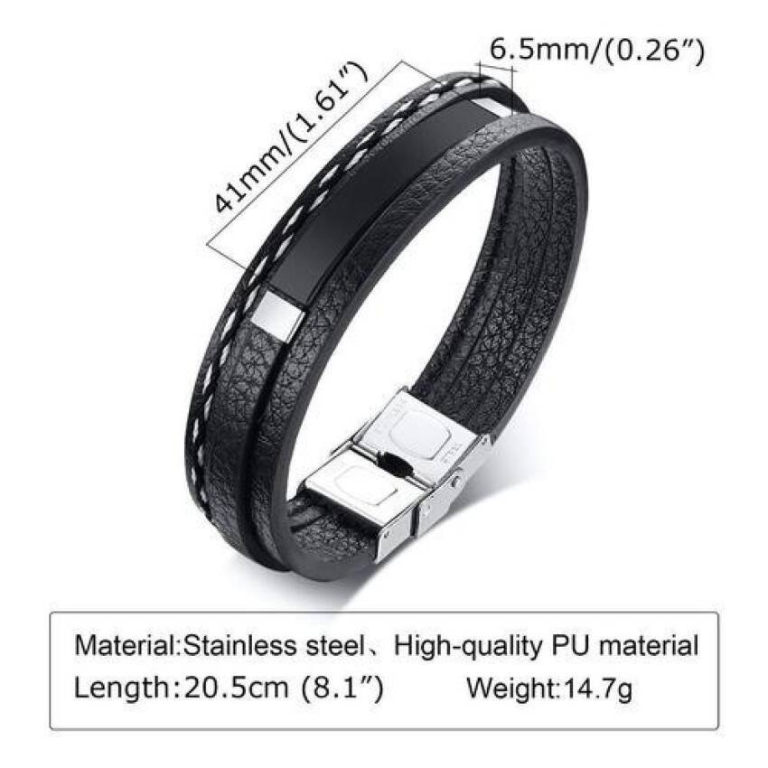 Pulsera Brazalete Cuero Genuino Hombres, Acero Inox - Imagen 4