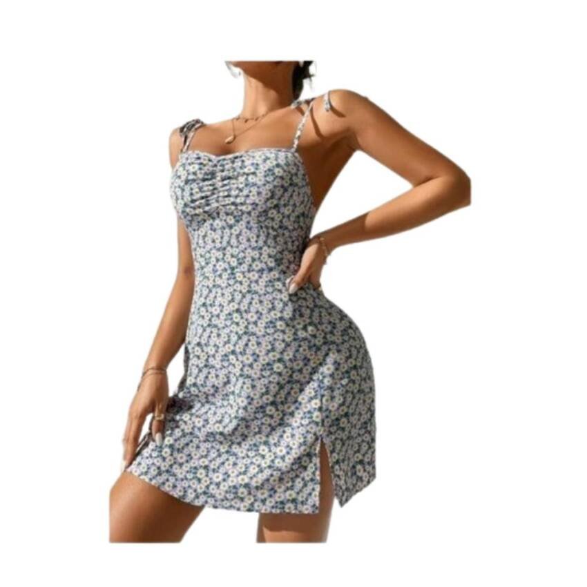 Vestido Tirante Floral Fruncido Cordón Bajo Abertura Juvenil - Imagen 4