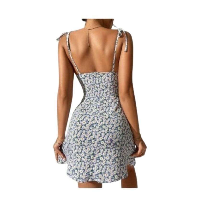 Vestido Tirante Floral Fruncido Cordón Bajo Abertura Juvenil - Imagen 6