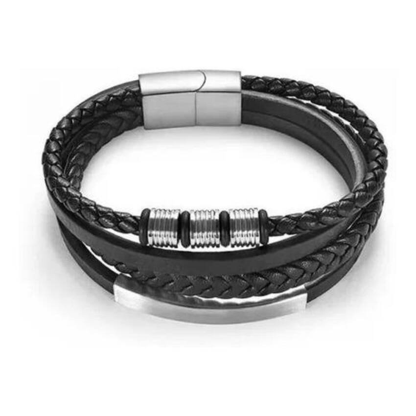 Pulsera Brazalete Multicapa Hombre O Mujer Cuero, Acero Inox - Imagen 3
