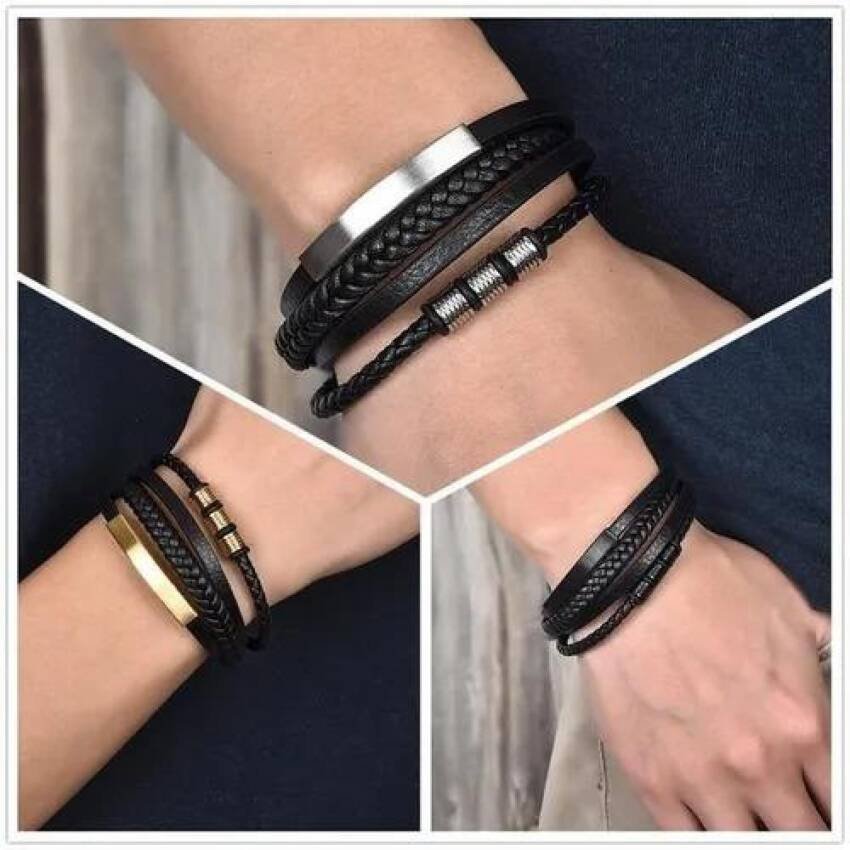 Pulsera Brazalete Multicapa Hombre O Mujer Cuero, Acero Inox - Imagen 5