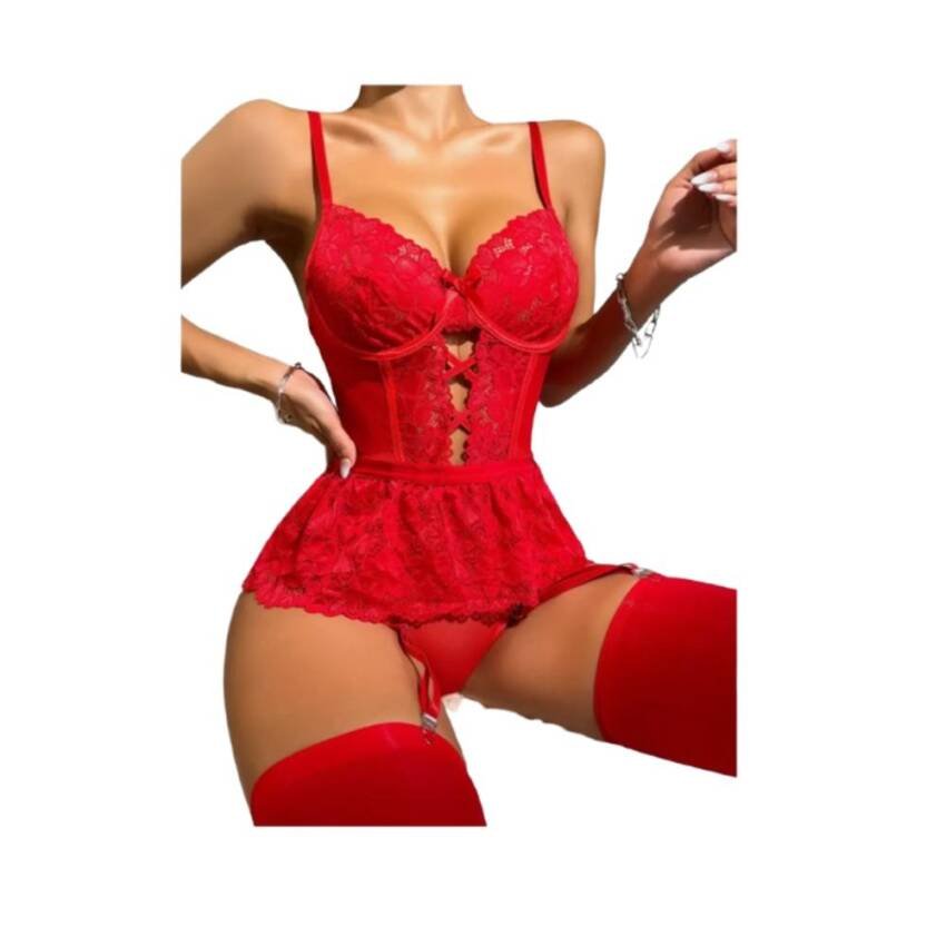 Lencería Encaje Vestido Lazo Abertura Con Aro - Imagen 5