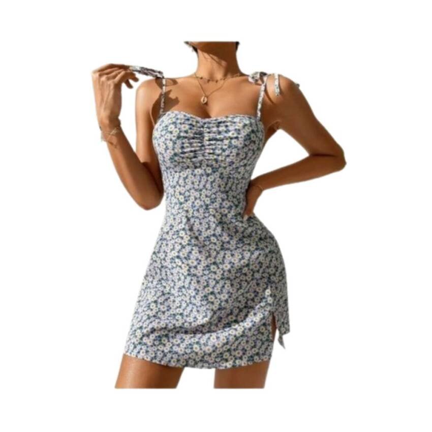 Vestido Tirante Floral Fruncido Cordón Bajo Abertura Juvenil