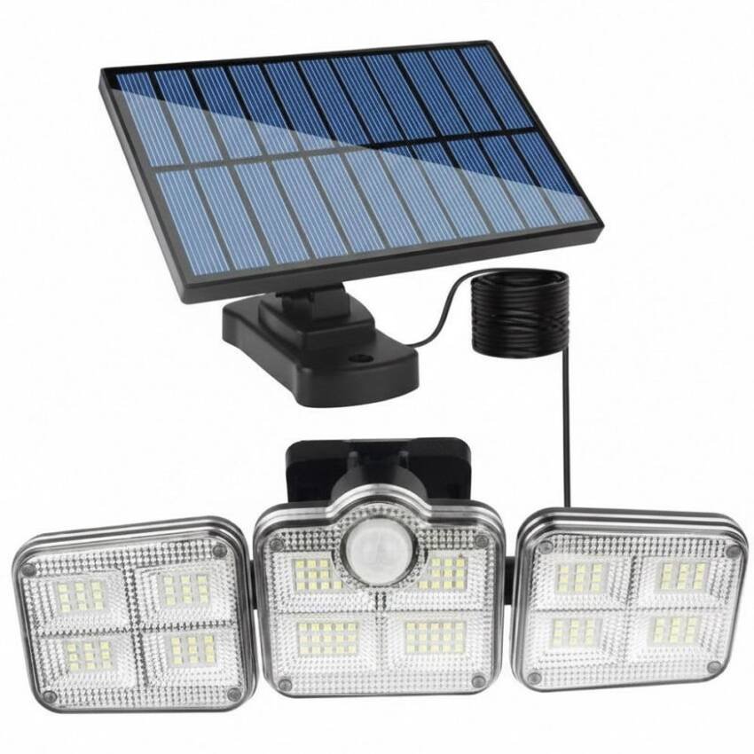 Luz Solar Foco Triple Cabezal Con Sensor De Movimientos Negro Con Cable