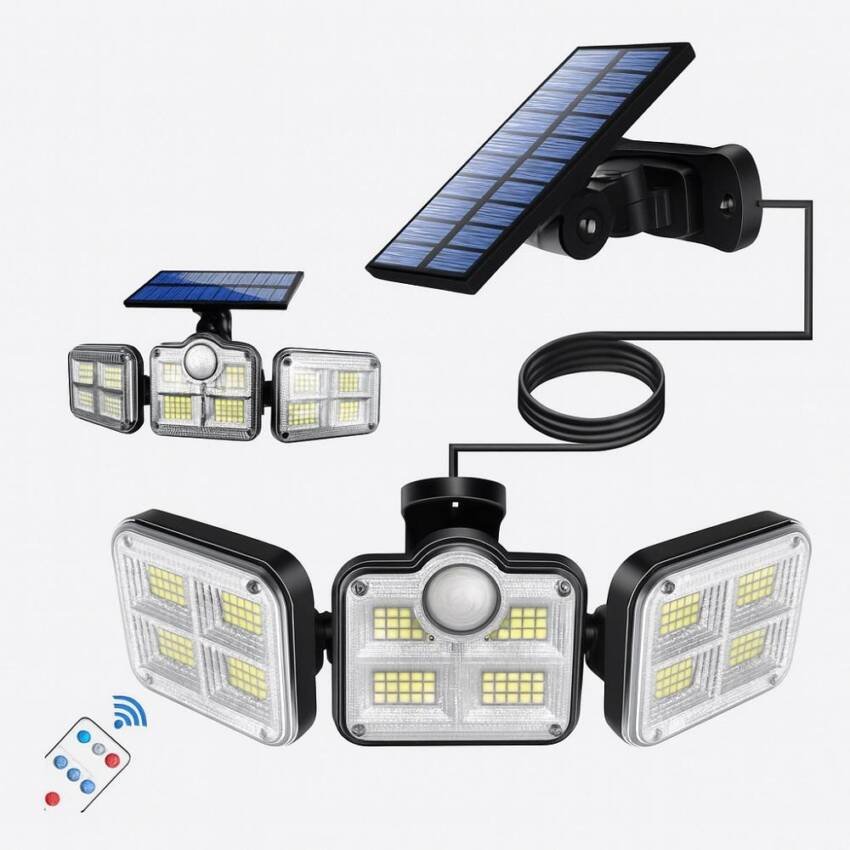 Luz Solar Foco Triple Cabezal Con Sensor De Movimientos Negro Con Cable - Imagen 2