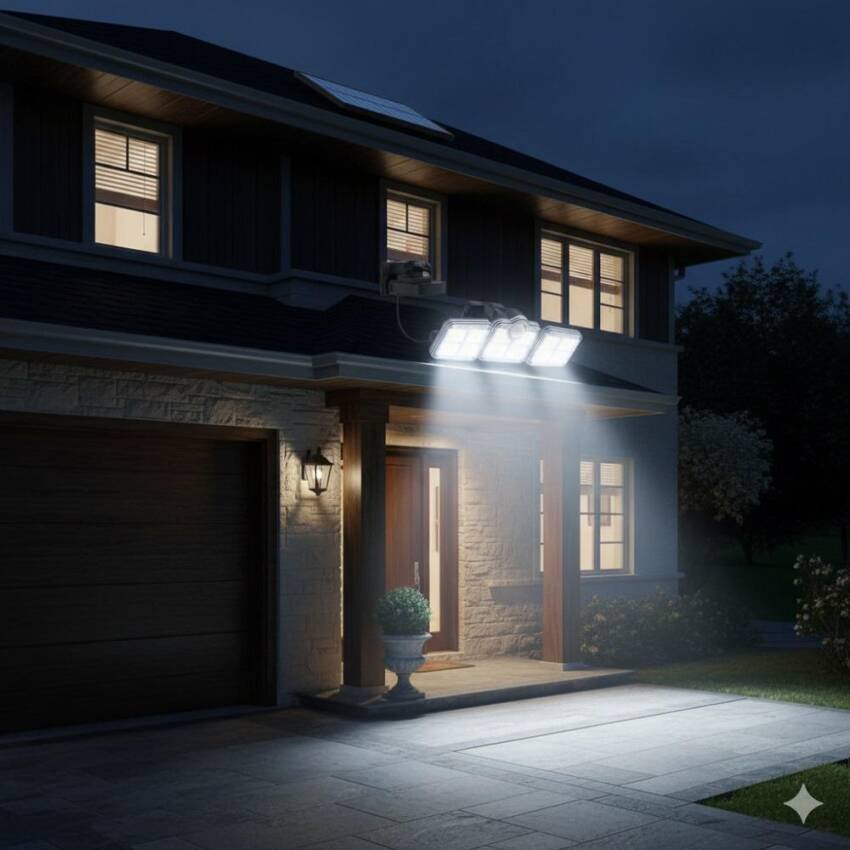 Luz Solar Foco Triple Cabezal Con Sensor De Movimientos Negro Con Cable - Imagen 3