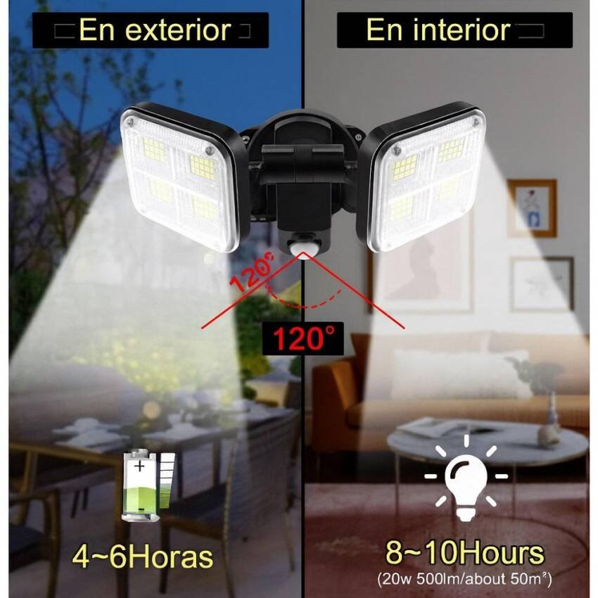 Luz Solar Foco Triple Cabezal Con Sensor De Movimientos Negro Con Cable - Imagen 5